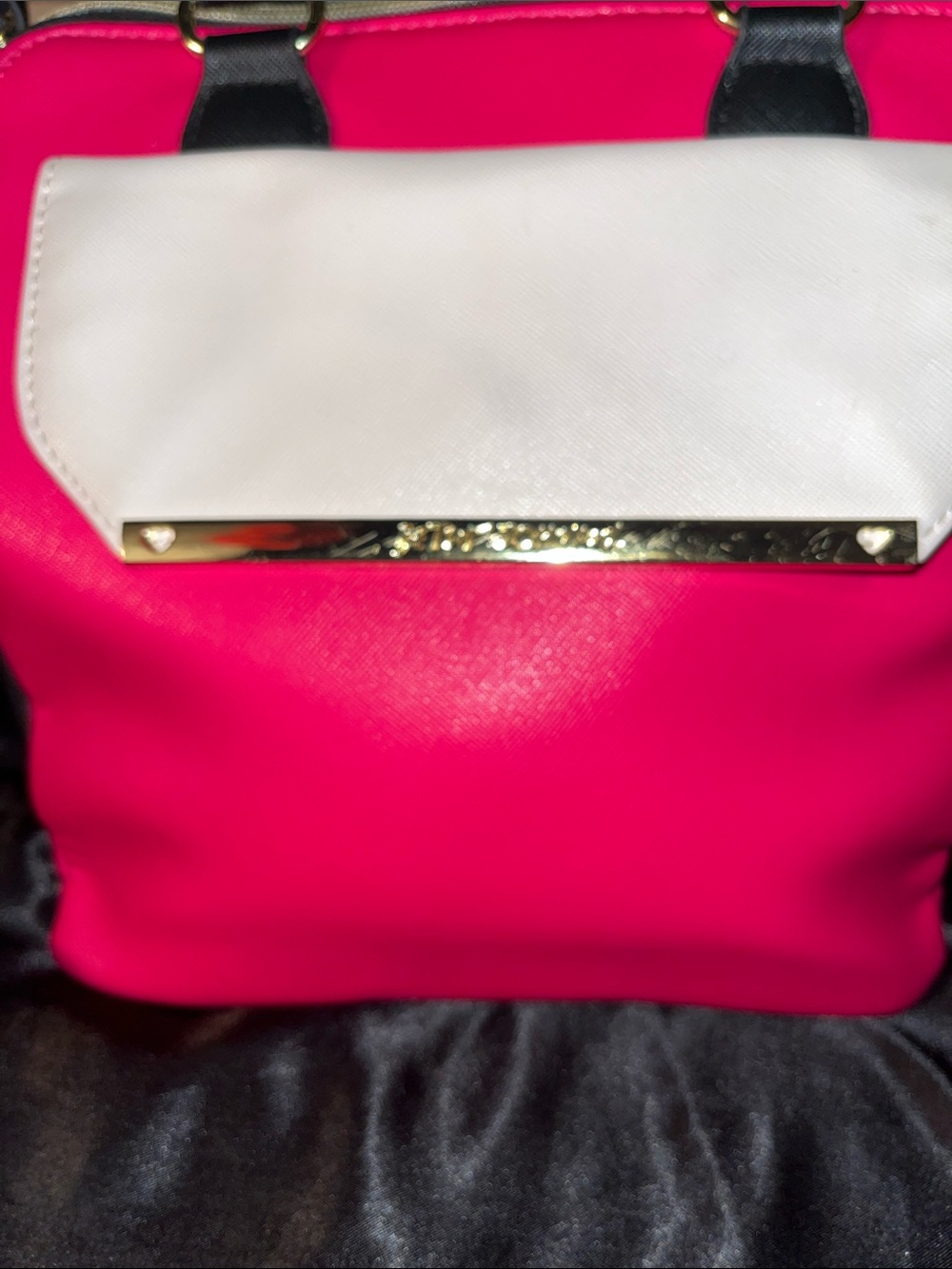 Betsey Johnson Hot Pink, White & Black Satchel with Gold Accents - Picture 3 of 6